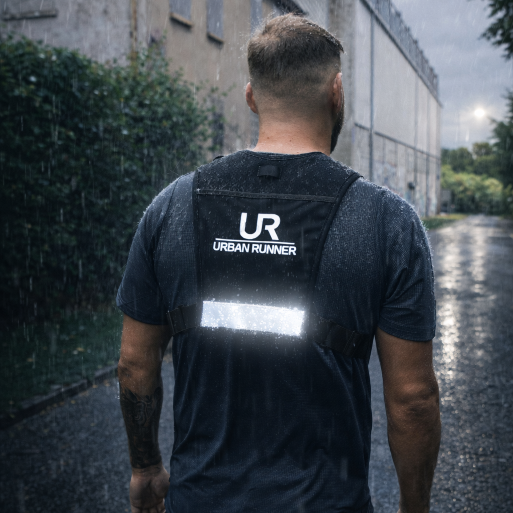 Person wearing a black 'UR Urban Runner' shirt with reflective strip walking on a wet path.
