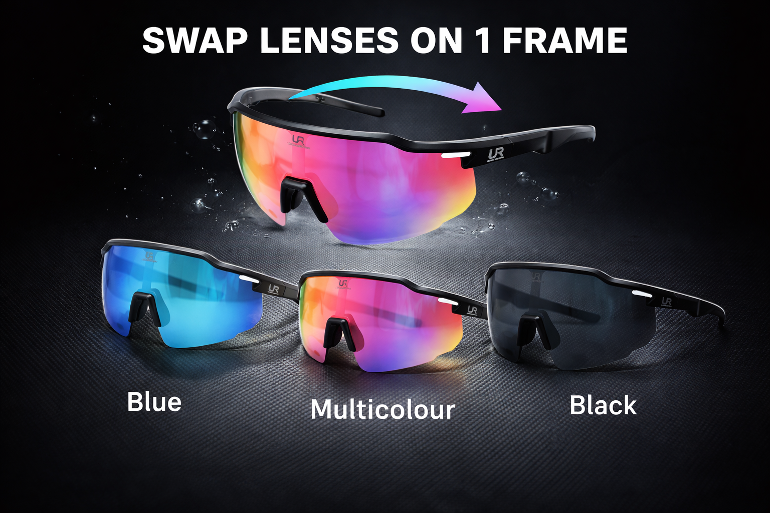 Sunglasses with interchangeable lenses on a dark background
